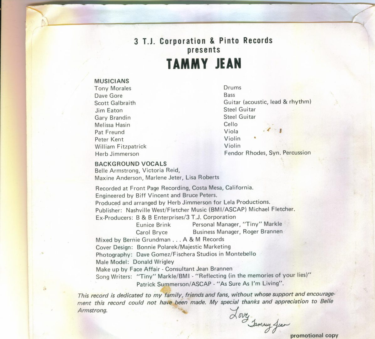 T J Corporation And Pinto Records Presents Tammy Jean